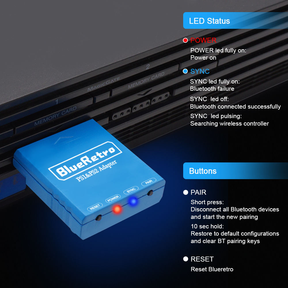 BlueRetro Bluetooth Controller Adapter for Playstation 1/Playstation 2 - Black