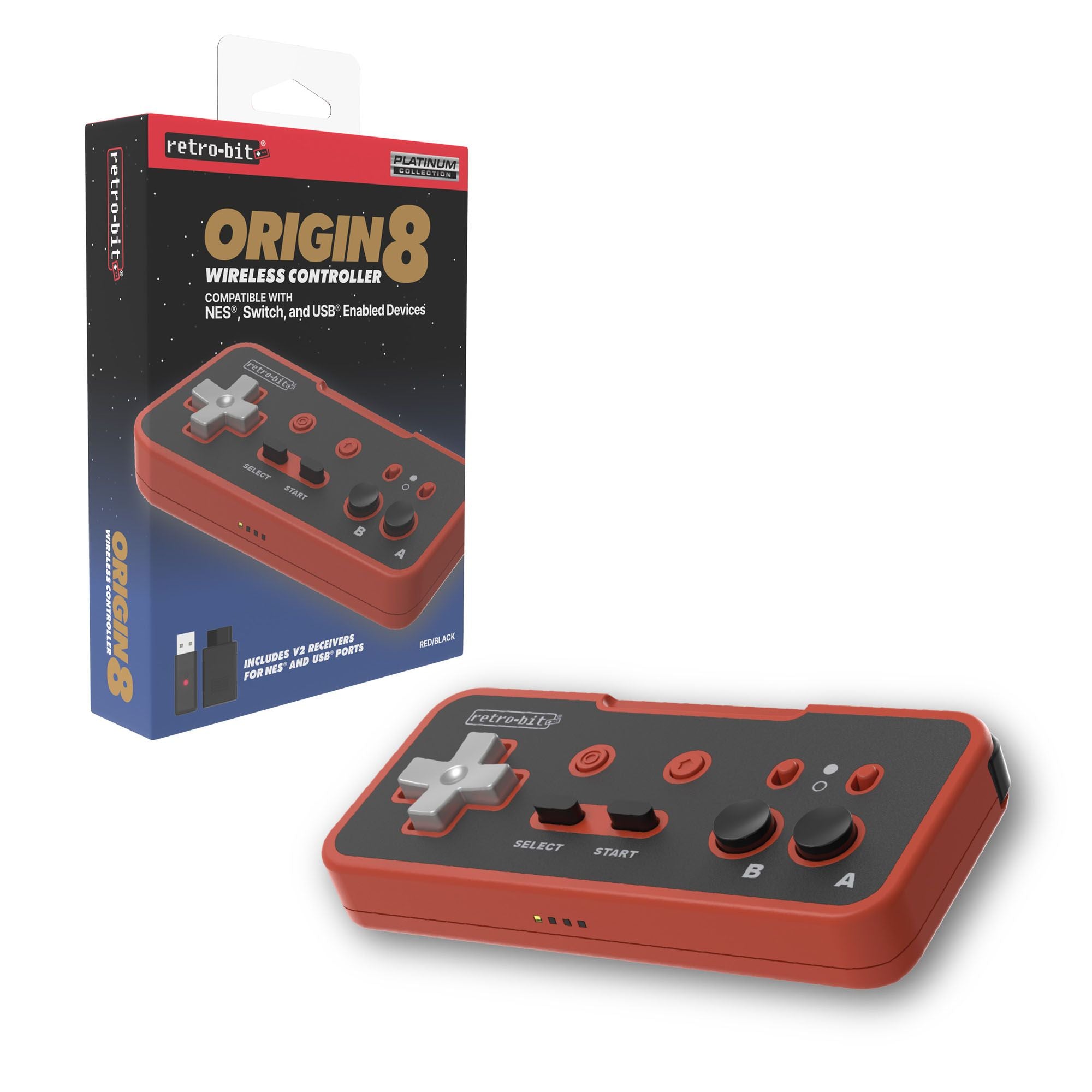 Origin8 2.4 GHZ Wireless Controller Red/Black (NES/PC) – Retro