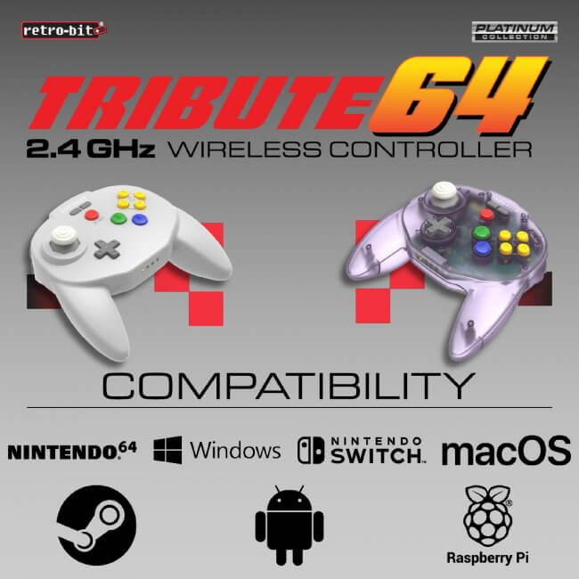 Retro-Bit Tribute 64 2.4Ghz Wireless Controller for Nintendo N64 Switch - Gray